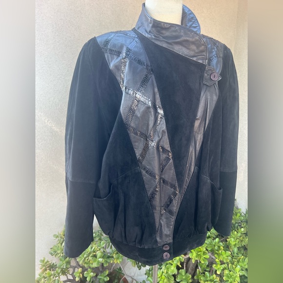 Vintage 80s black suede bomber jacket big shoulders pockets 6 Dominic Bellissimo - Picture 5 of 12